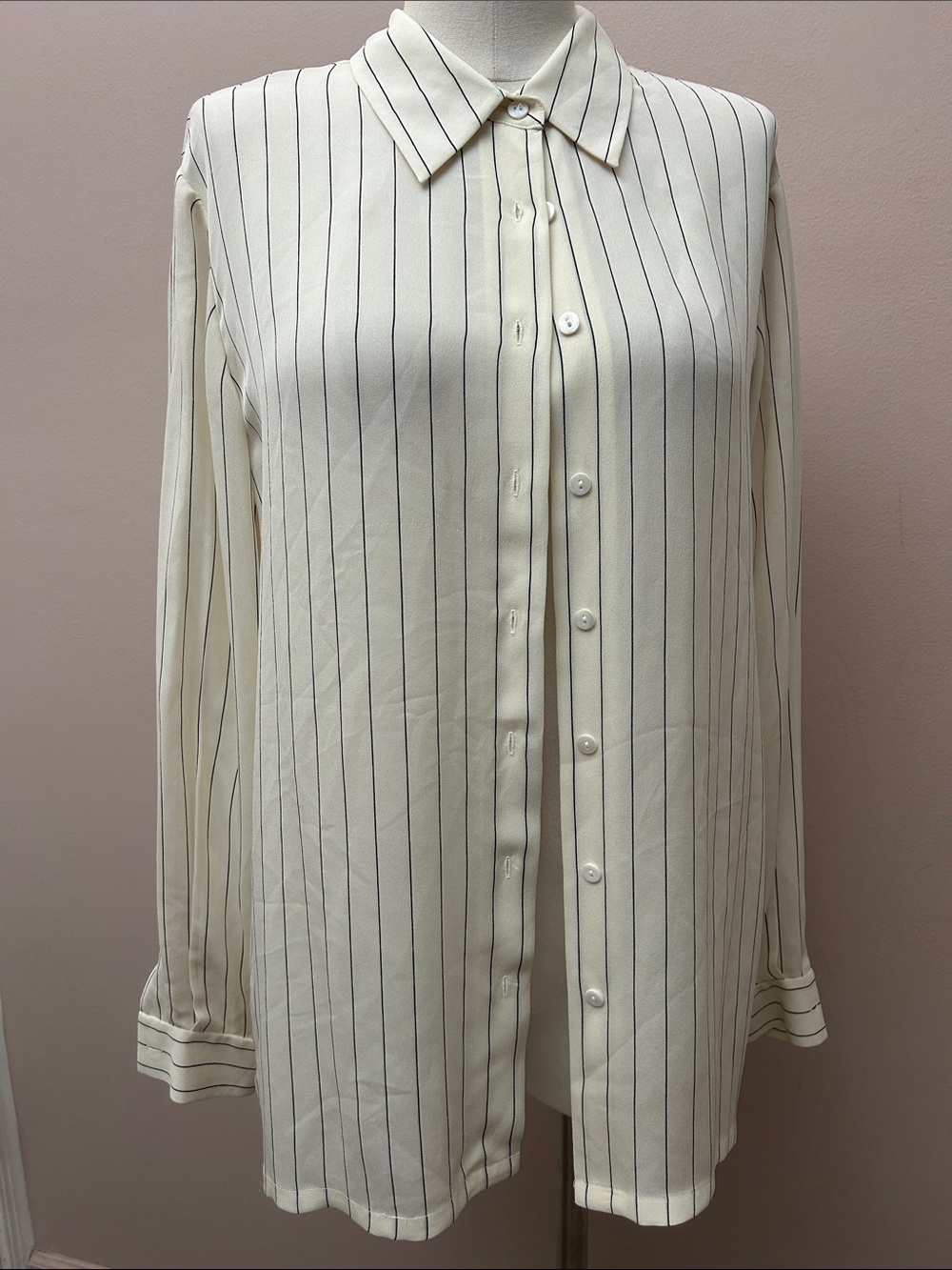 Charter Club Silk Cream Button-Down Shirt with black Pinstripes size 14 W - Picture 14 of 15